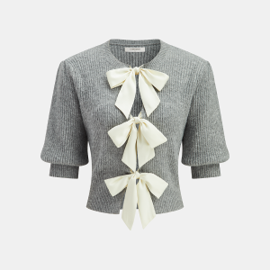 Wool Blend Short Sleeve Bow Knit Top