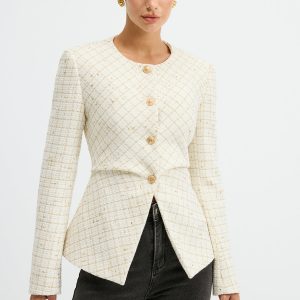 Tweed Round Neck Waist-Cinching Blazer