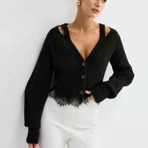 Lace Hem Wool Blend Cardigan