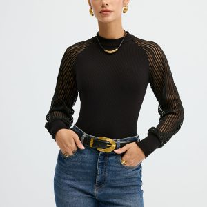 Mock Neck Mesh-Sleeve T-Shirt