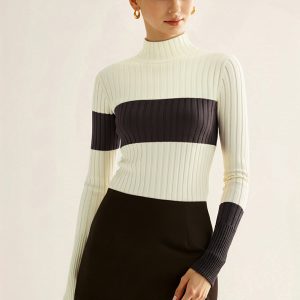 Color-Block Mock Neck Ribbed Knit Top