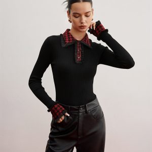 Contrast Checkered Collar Ribbed Knit Top