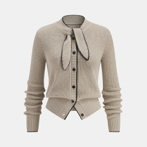Tie Neck Contrast Trim Wool Blend Cardigan