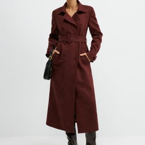 Suede Effect Double-Breasted Long Trench Coat