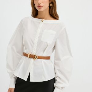 Boat Neck Curved Sleeve Belted Shirt