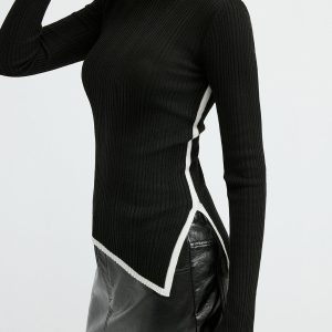 Turtleneck Contrast Trim Slit Wool Blend Knit Top