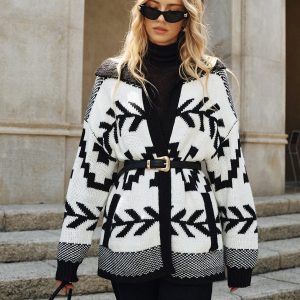 Geometric Pattern Collared Knit Cardigan without Belt