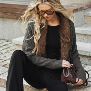 Faux Fur Collar Wool Blend Knit Outerwear