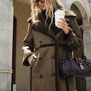 Double-Breasted Fleece Lined Faux Leather Longline Coat