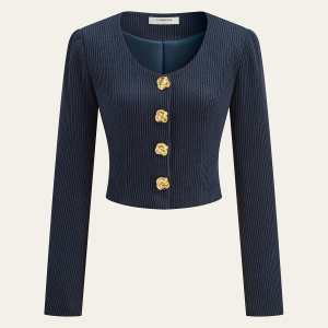 Ribbed Crew Neck Metal Button Blouse