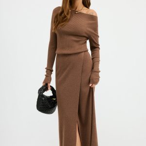 Off-Shoulder Ribbed Wool Blend Maxi Dress