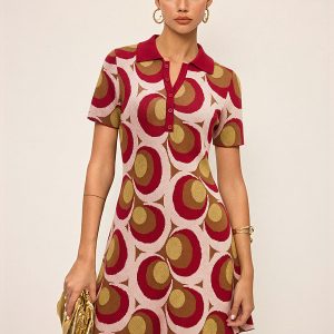 Vintage Print Polo Collar Sweater Dress