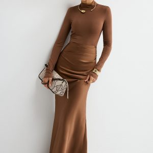 Satin Panel Mock Neck Long Sleeve Maxi Dress