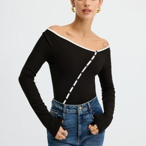 Contrast Trim Decor Button Asymmetric Collar Top