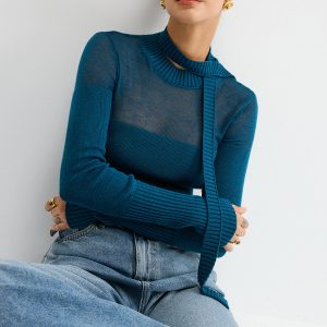 Sheer Panel Tie Neck Wool Blend Knit Top