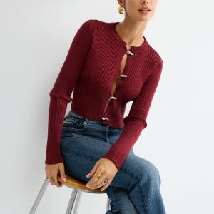 Metal Button Ribbed Fitted Sweater