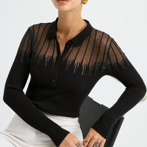 Glitter Detail Sheer Panel Polo Knit Top