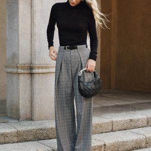 Pleated Plaid Belted Wide-Leg Pants