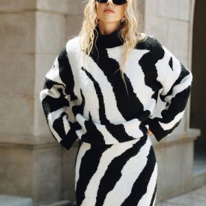 Zebra Print Turtleneck Wool Blend Sweater