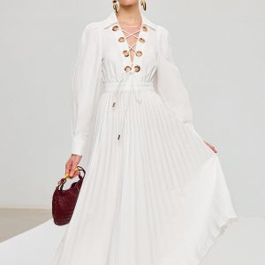 Lace-Up Pleated Midi Dress