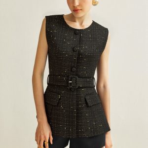 Tweed Belted Sleeveless Vest
