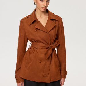 Suede Effect Belted Trench Coat