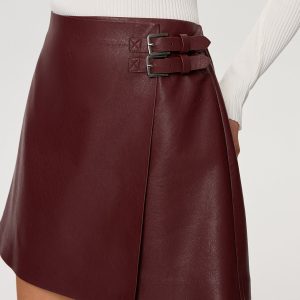 PU Leather Asymmetric Skirt with Double-Belt Detail
