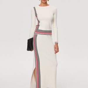 Striped Wool-Blend Slit Maxi Skirt