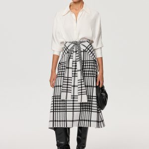 Plaid Wool Blend Midi Skirt with Apron Belt