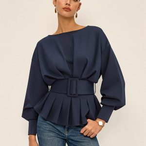Boat Neck Peplum Sweatshirt with Wide Belt