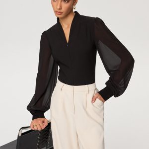 Zip Detail Chiffon Sleeves Blouse