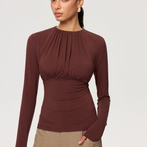 Ruched Long Sleeve Round Neck Knit Blouse