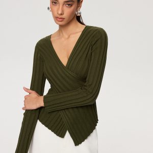 Cross-Over V-Neck Fitted Ribbed Knit Top