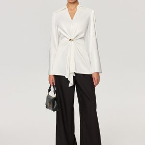 Metal Detail Cinching Satin V-Neck Blouse