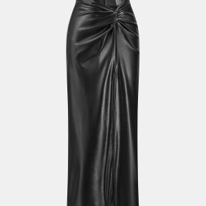 Knot Detail PU Leather Midi Skirt
