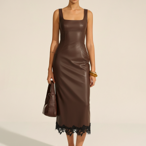 Lace Trim PU Leather Sleeveless Maxi Dress