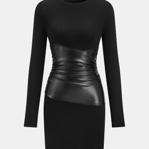 PU Leather Panel Long Sleeve Knit Dress