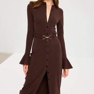 Flared Cuff Button-Front Maxi Dress