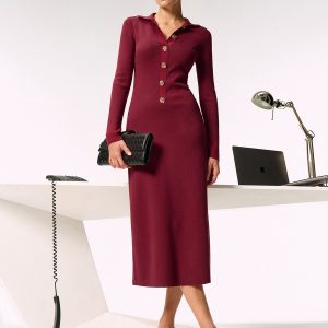 Shirt Collar Metal Button Knit Maxi Dress