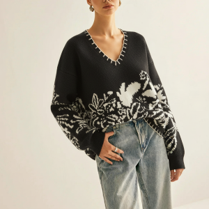 Floral Pattern V-Neck Sweater