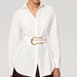 Cotton Blend Shirt with Metal Buckle Belt