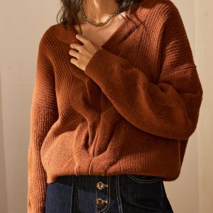 Wool Blend Textured Knit V-Neck Sweater