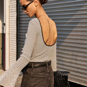 Flared Cuff Backless Striped Bodysuit