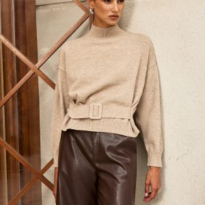 Wool Blend Mock Neck Belted Sweater
