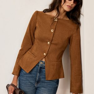 Suede Effect Fitted Metal Button Jacket