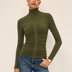 Turtleneck Ruched Decor Button Knit Top
