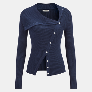 Asymmetric Lapel Button Front Knit Top