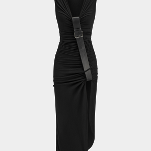 Belt-Decor Sleeveless Ruched Maxi Dress