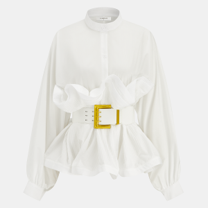 Stand Collar Belted Ruffled Shirt