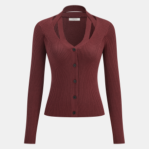 Halter Neck Button Front Ribbed Sweater